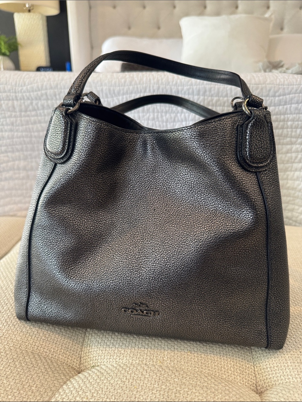Coach Metallic Pewter Pebbled Leather Shoulder Bag